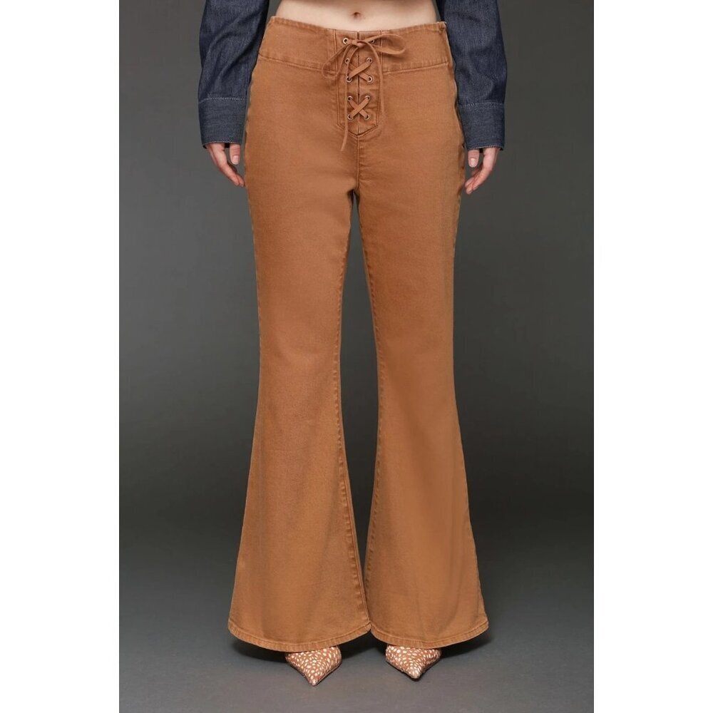 Avec Les Filles Lace Up Washed Cotton Flare Pants Brown Beige 29